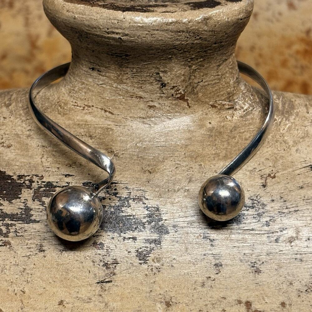 Sterling Silver Torque Bracelet w/ Double Ball/Bypass Vintage - Picture 7 of 8